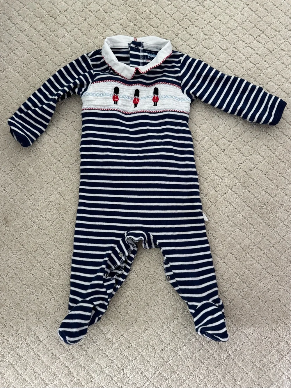 JoJo Maman Bebe Navy and White Striped Footie with British Toy Soldier Smocking